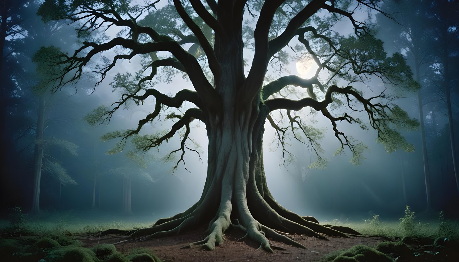 Solitary Leafless Tree Under Full Moon in Mystical Night Landscape