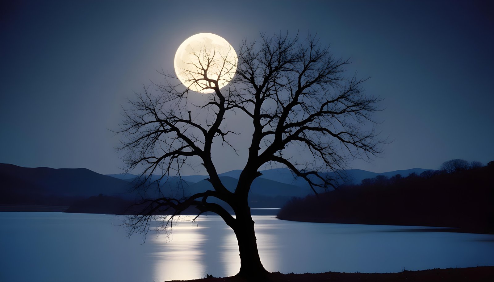 Solitary Leafless Tree Under Full Moon in Mystical Night Landscape
