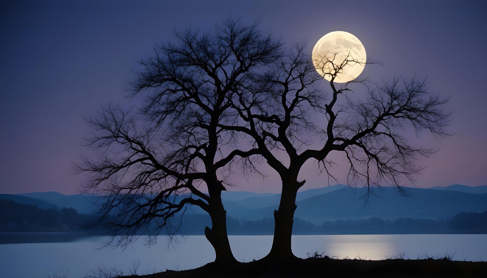 Solitary Leafless Tree Under Full Moon in Mystical Night Landscape