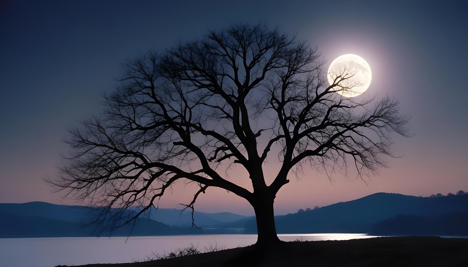 Solitary Leafless Tree Under Full Moon in Mystical Night Landscape