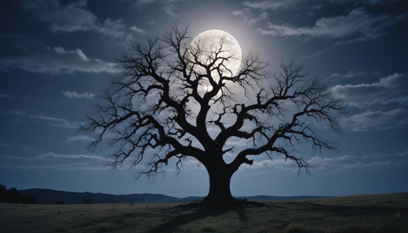 Solitary Leafless Tree Under Full Moon in Mystical Night Landscape