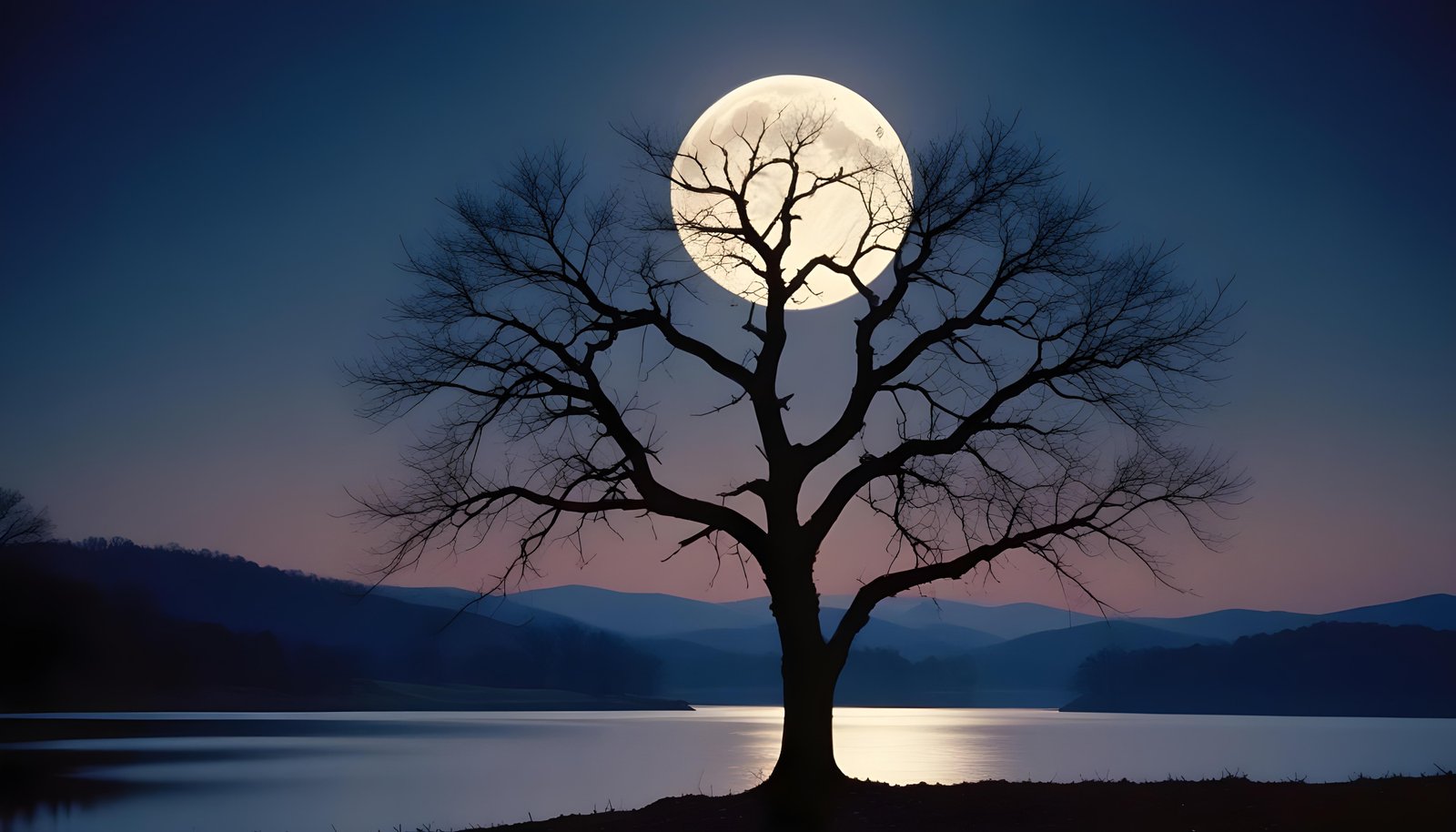 Solitary Leafless Tree Under Full Moon in Mystical Night Landscape