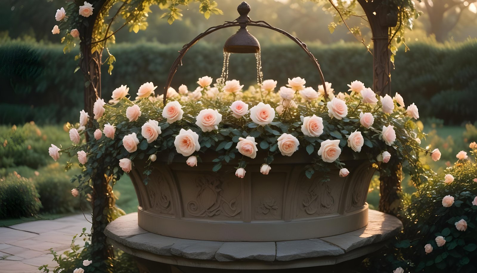 Beautiful Cottage Rose Garden with Blooming Flowers and Decorative Water Well