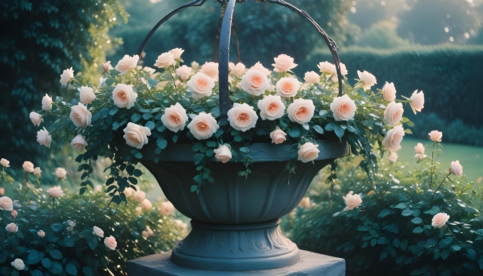 Beautiful Cottage Rose Garden with Blooming Flowers and Decorative Water Well