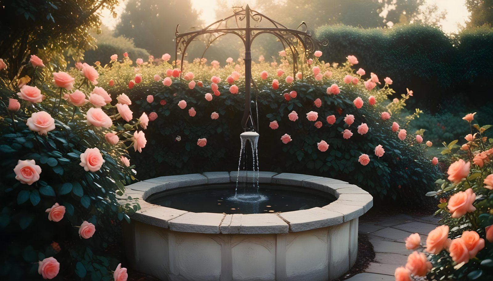 Beautiful Cottage Rose Garden with Blooming Flowers and Decorative Water Well