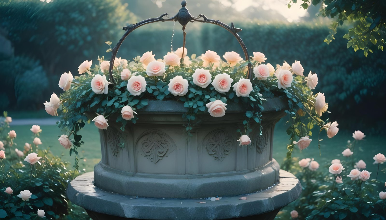 Beautiful Cottage Rose Garden with Blooming Flowers and Decorative Water Well