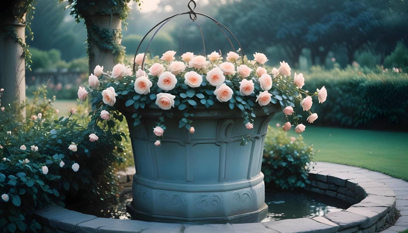 Beautiful Cottage Rose Garden with Blooming Flowers and Decorative Water Well
