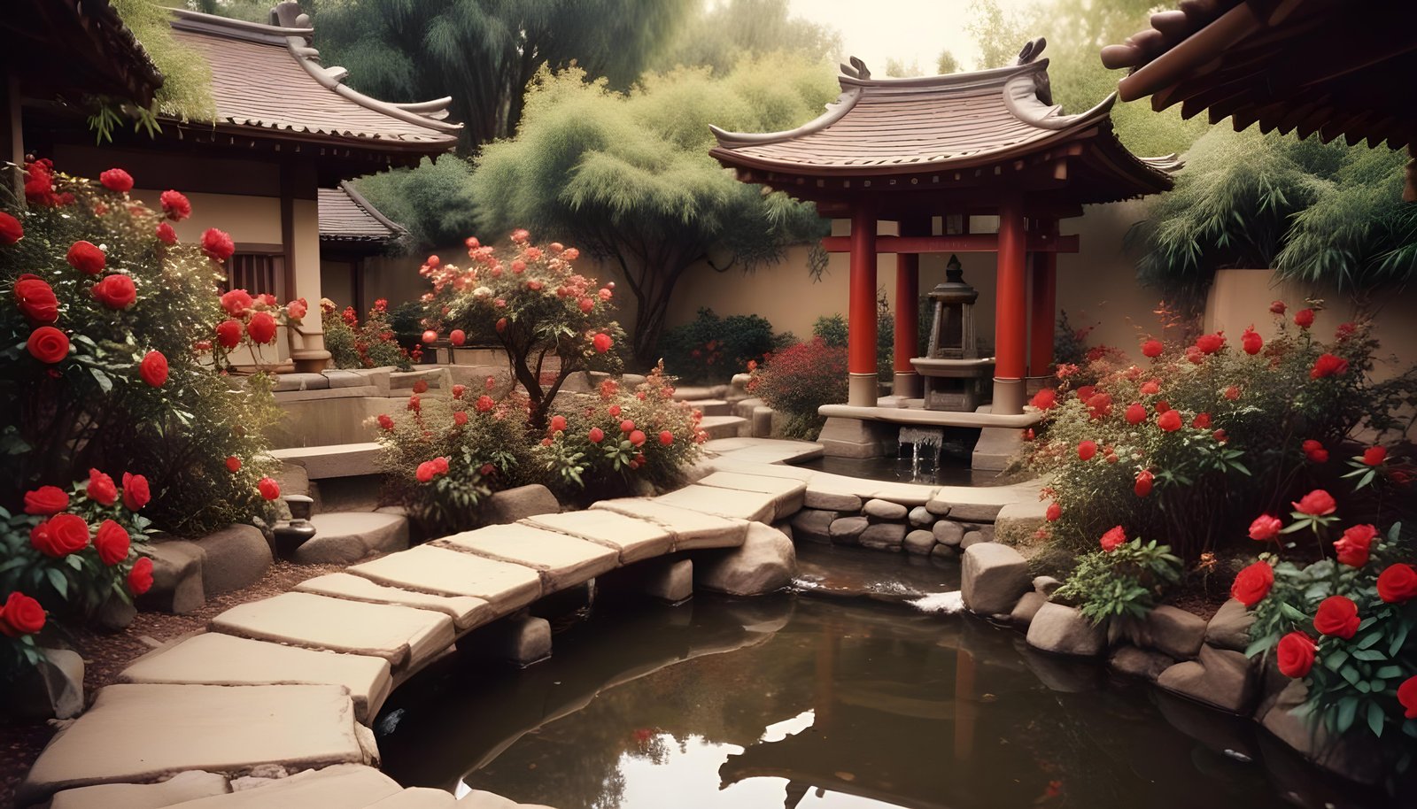 Beautiful Cottage Rose Garden with Blooming Flowers and Decorative Water Well