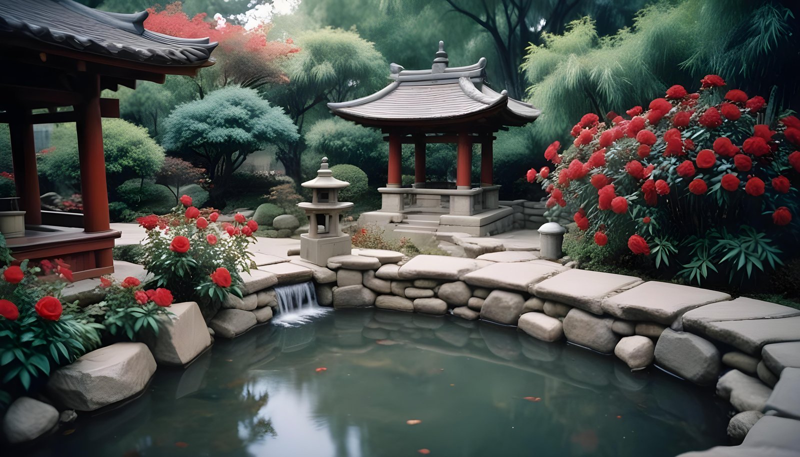 Beautiful Cottage Rose Garden with Blooming Flowers and Decorative Water Well