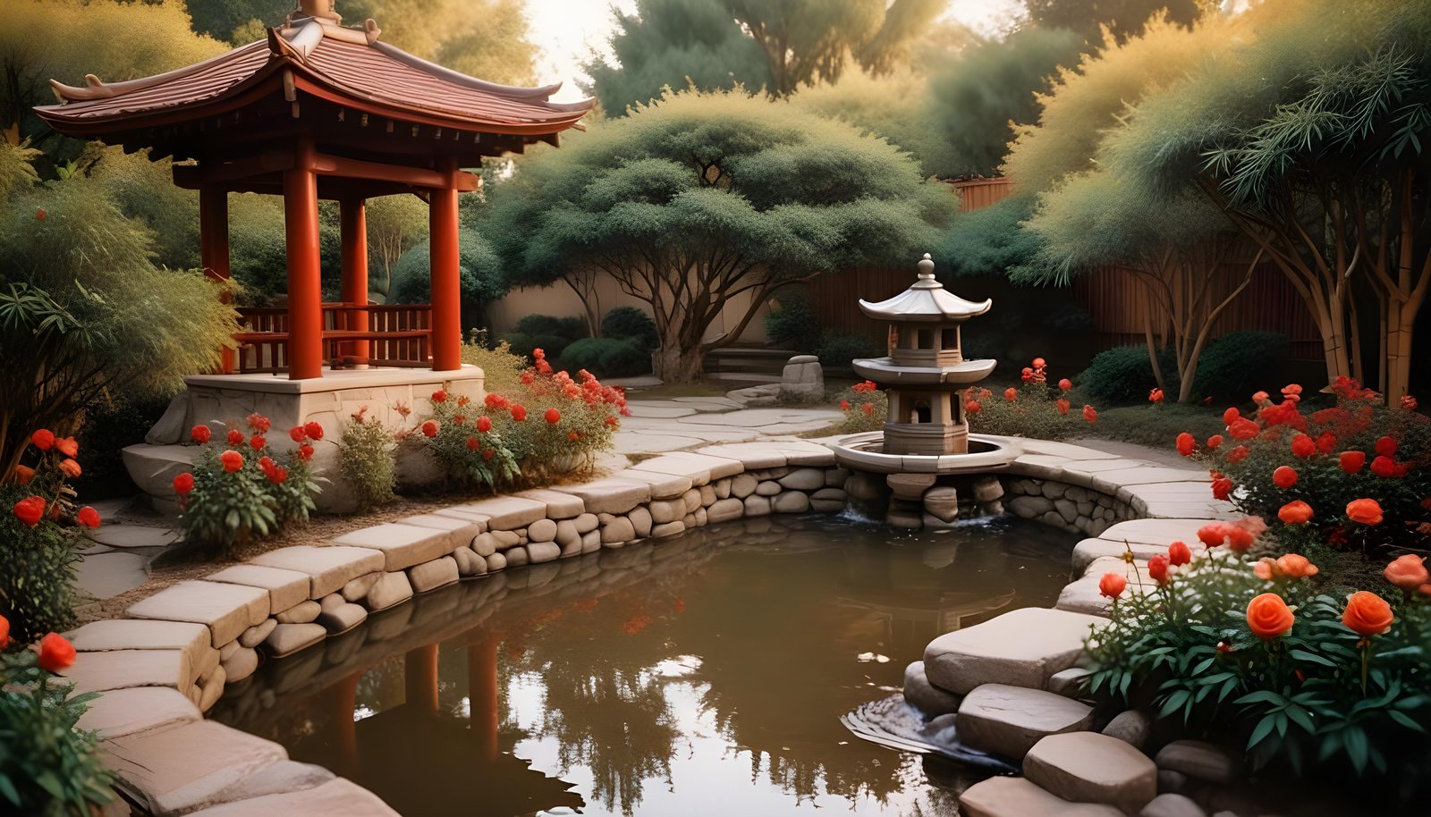 Beautiful Cottage Rose Garden with Blooming Flowers and Decorative Water Well