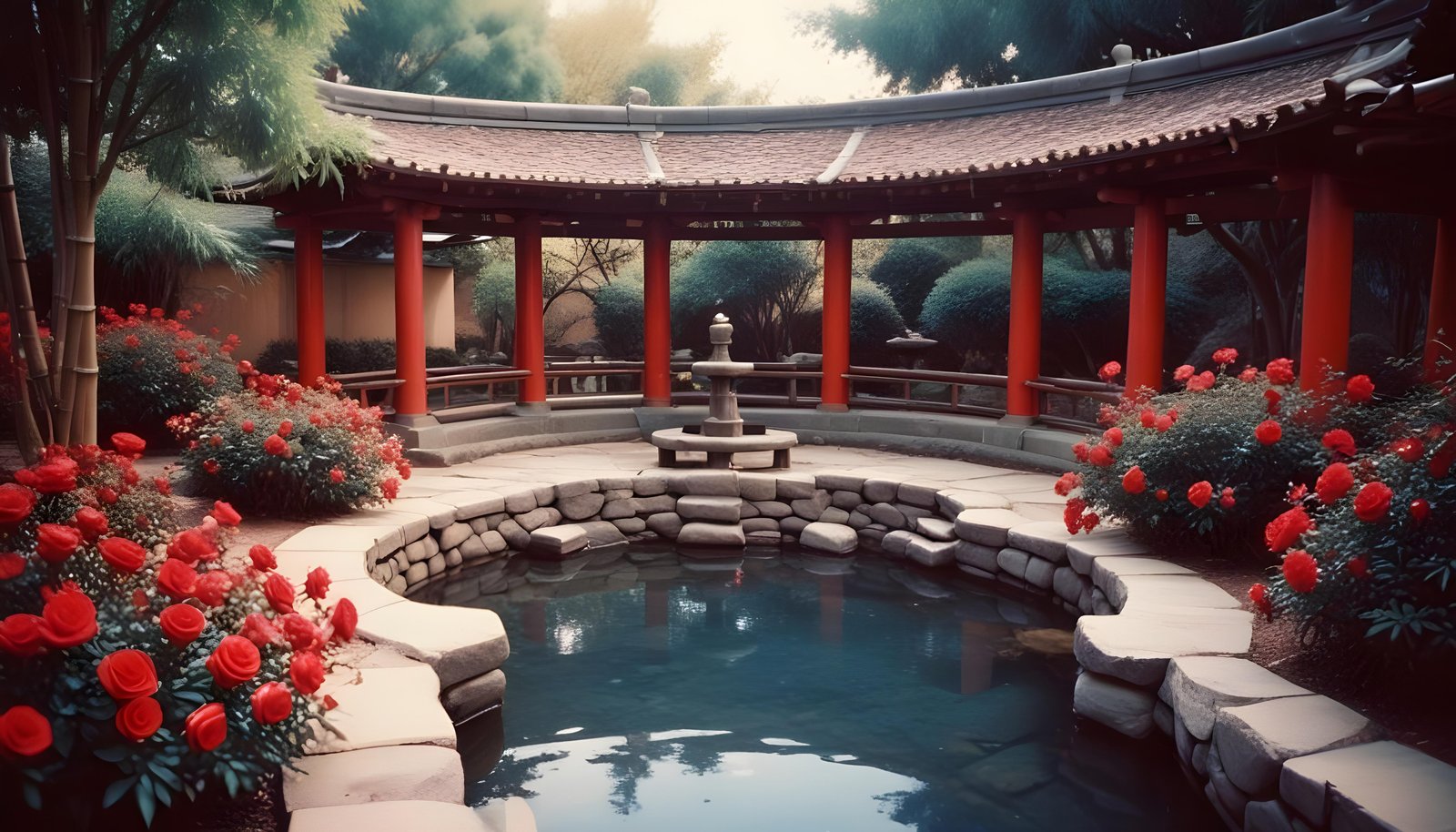 Beautiful Cottage Rose Garden with Blooming Flowers and Decorative Water Well
