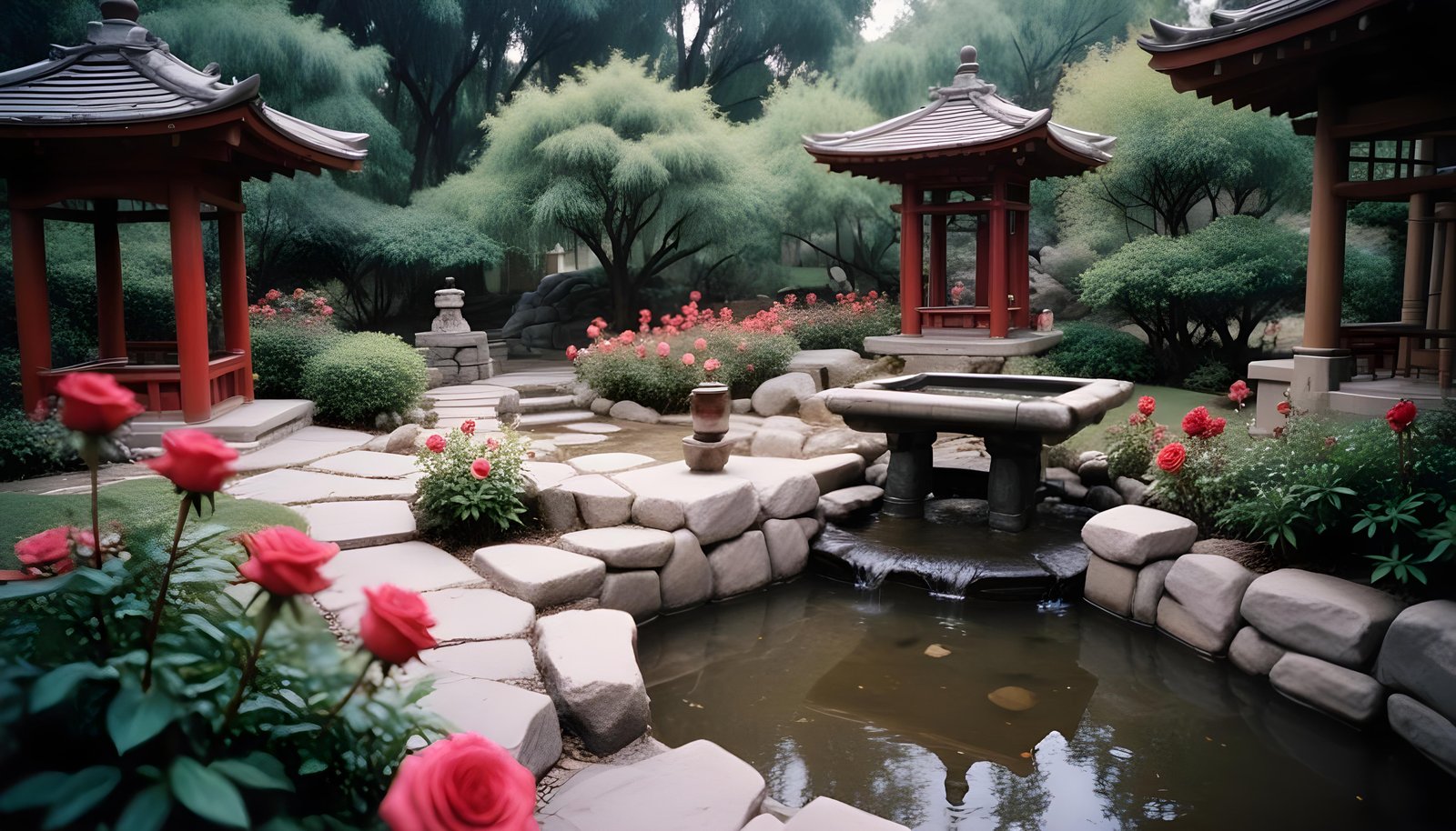 Beautiful Cottage Rose Garden with Blooming Flowers and Decorative Water Well