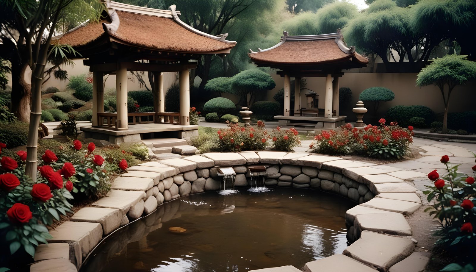 Beautiful Cottage Rose Garden with Blooming Flowers and Decorative Water Well