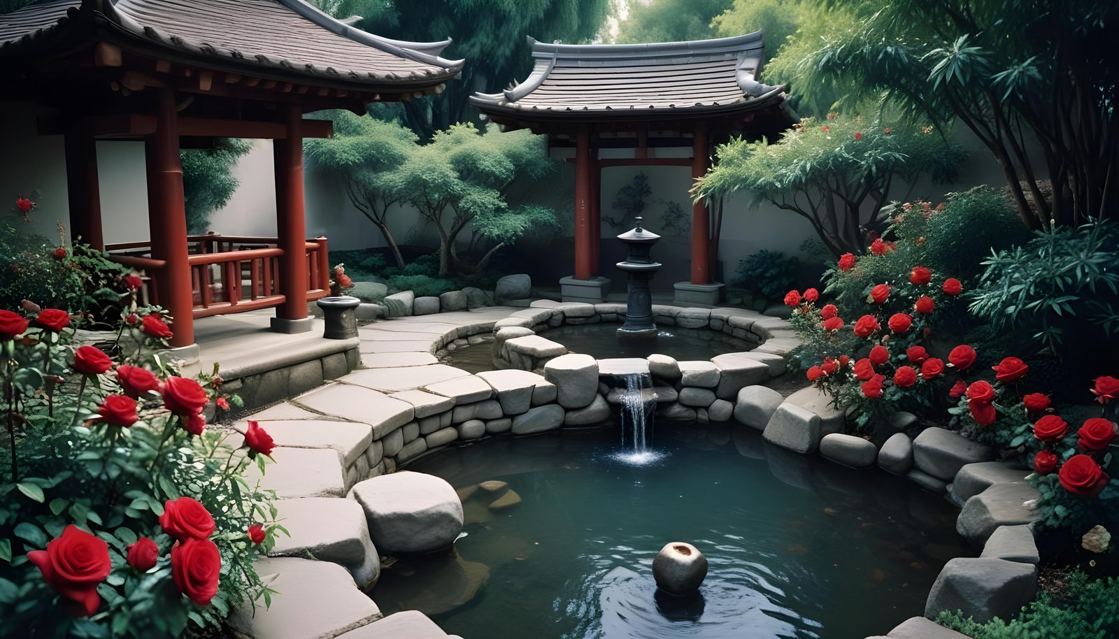 Beautiful Cottage Rose Garden with Blooming Flowers and Decorative Water Well