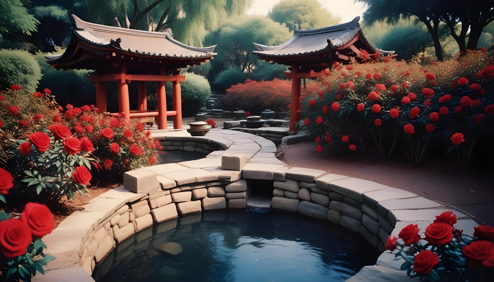 Beautiful Cottage Rose Garden with Blooming Flowers and Decorative Water Well