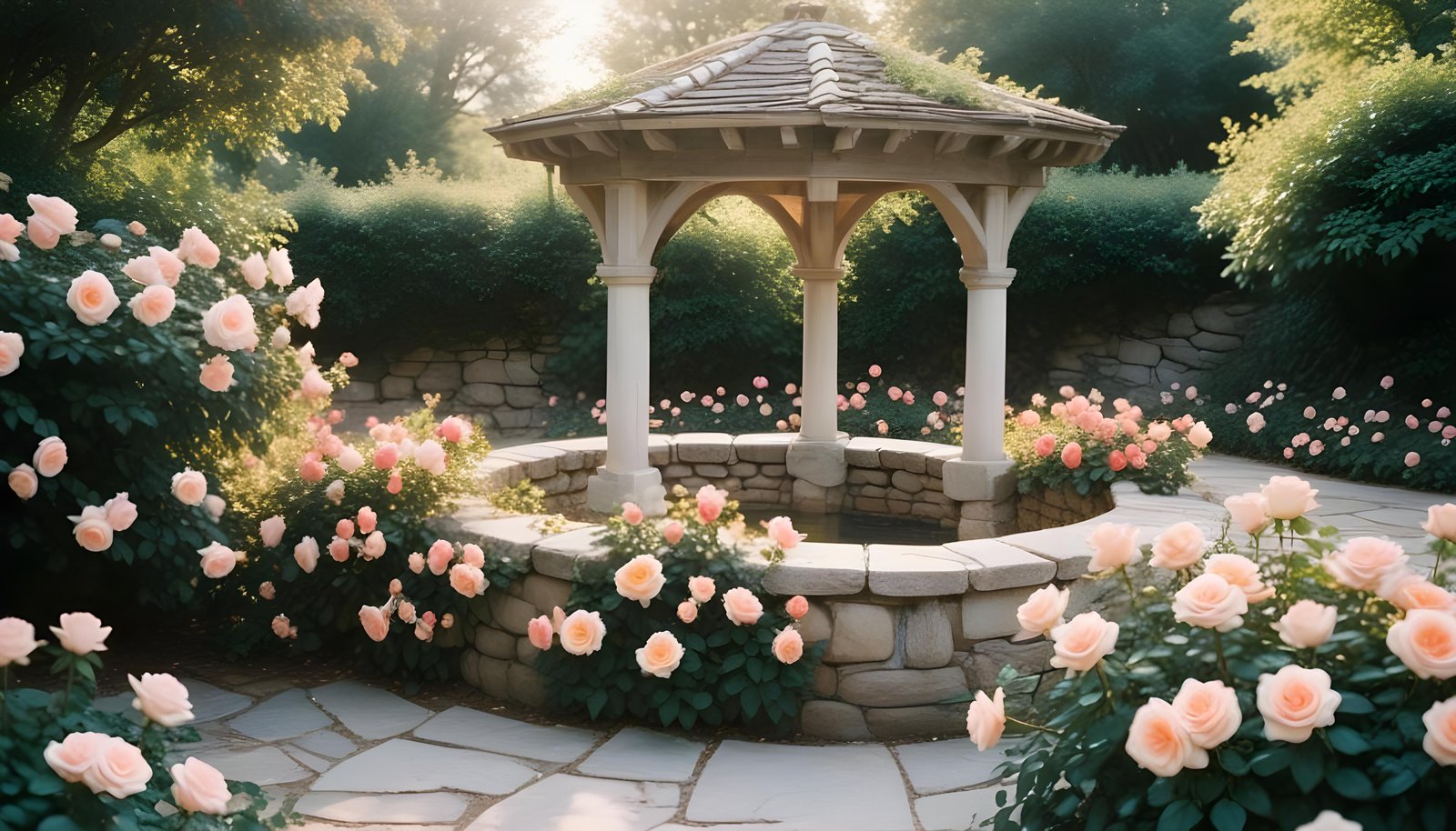 Beautiful Cottage Rose Garden with Blooming Flowers and Decorative Water Well