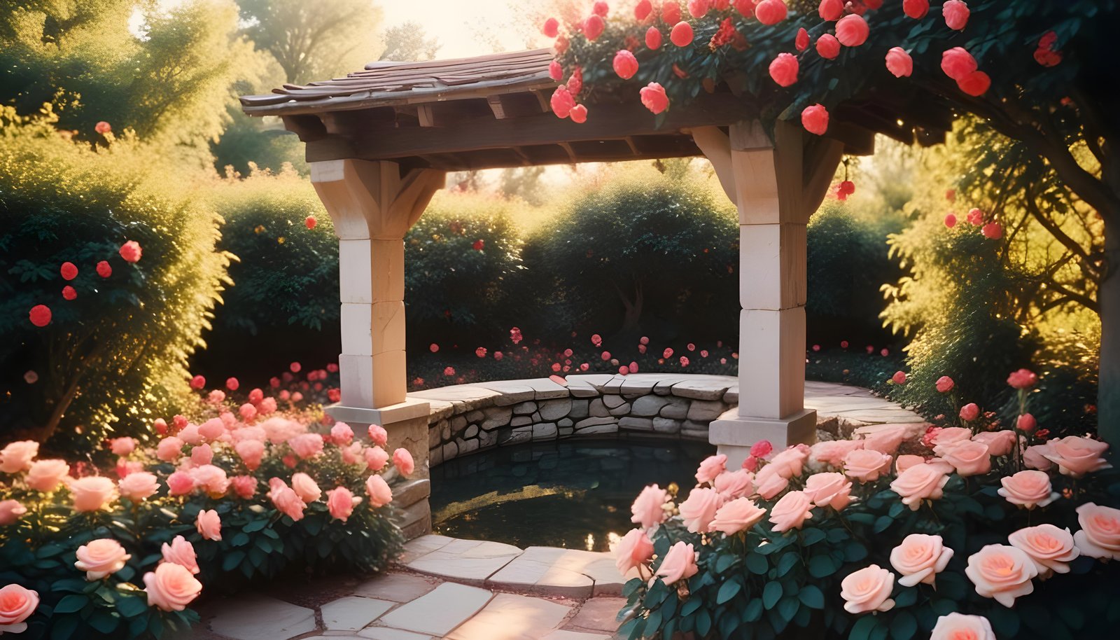 Beautiful Cottage Rose Garden with Blooming Flowers and Decorative Water Well
