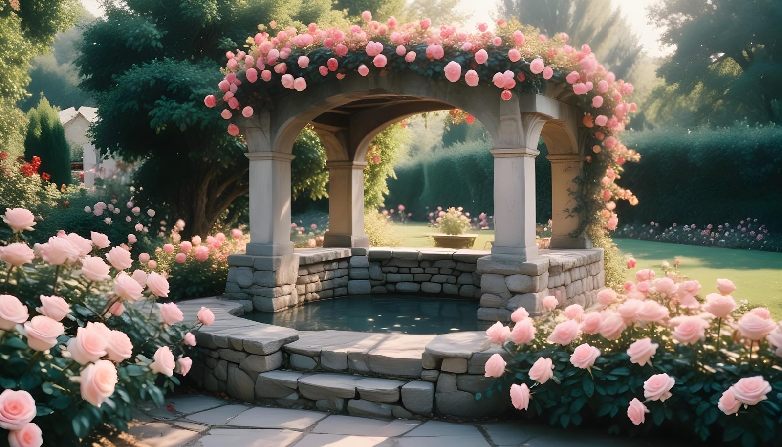 Beautiful Cottage Rose Garden with Blooming Flowers and Decorative Water Well