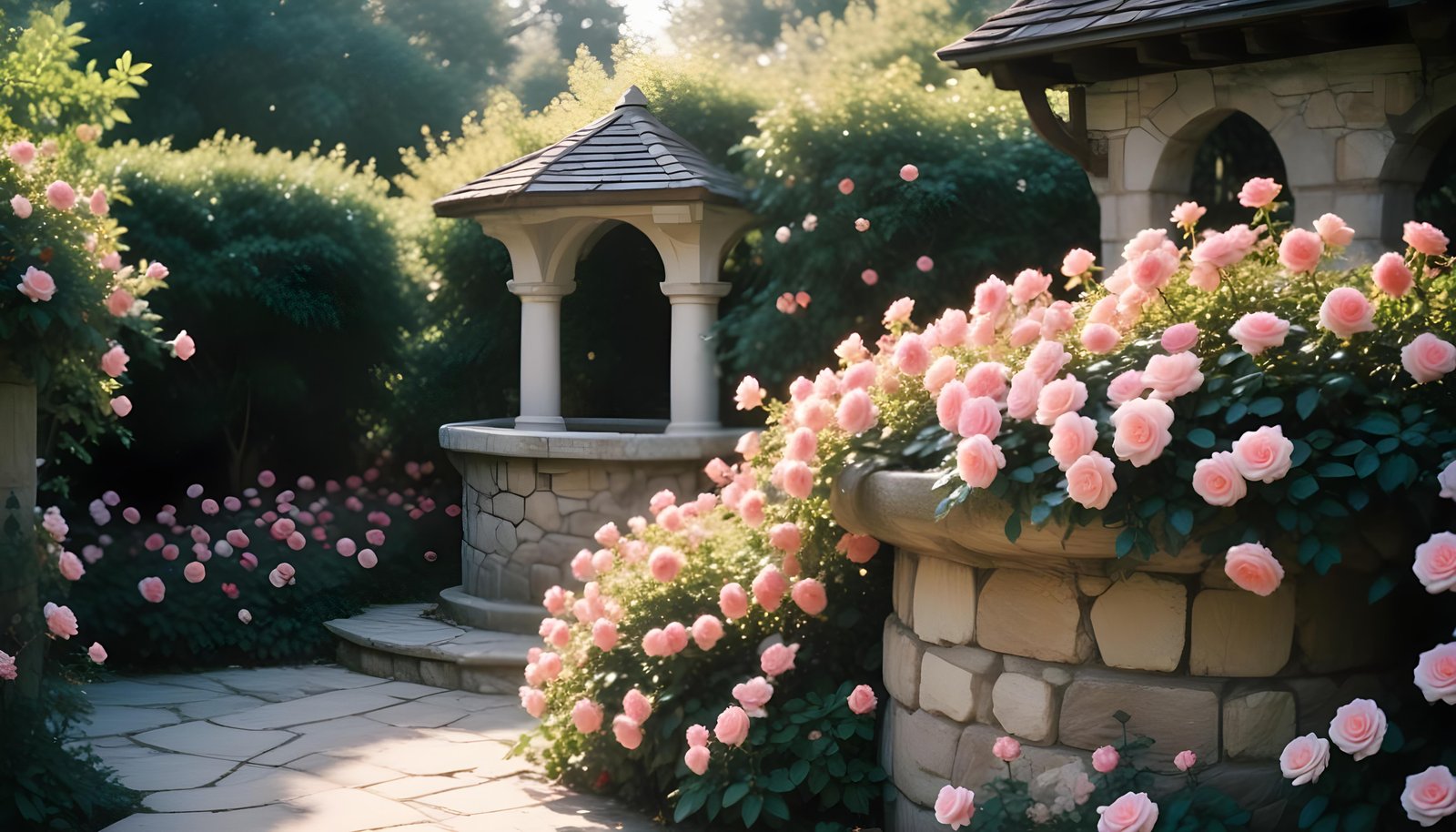 Beautiful Cottage Rose Garden with Blooming Flowers and Decorative Water Well