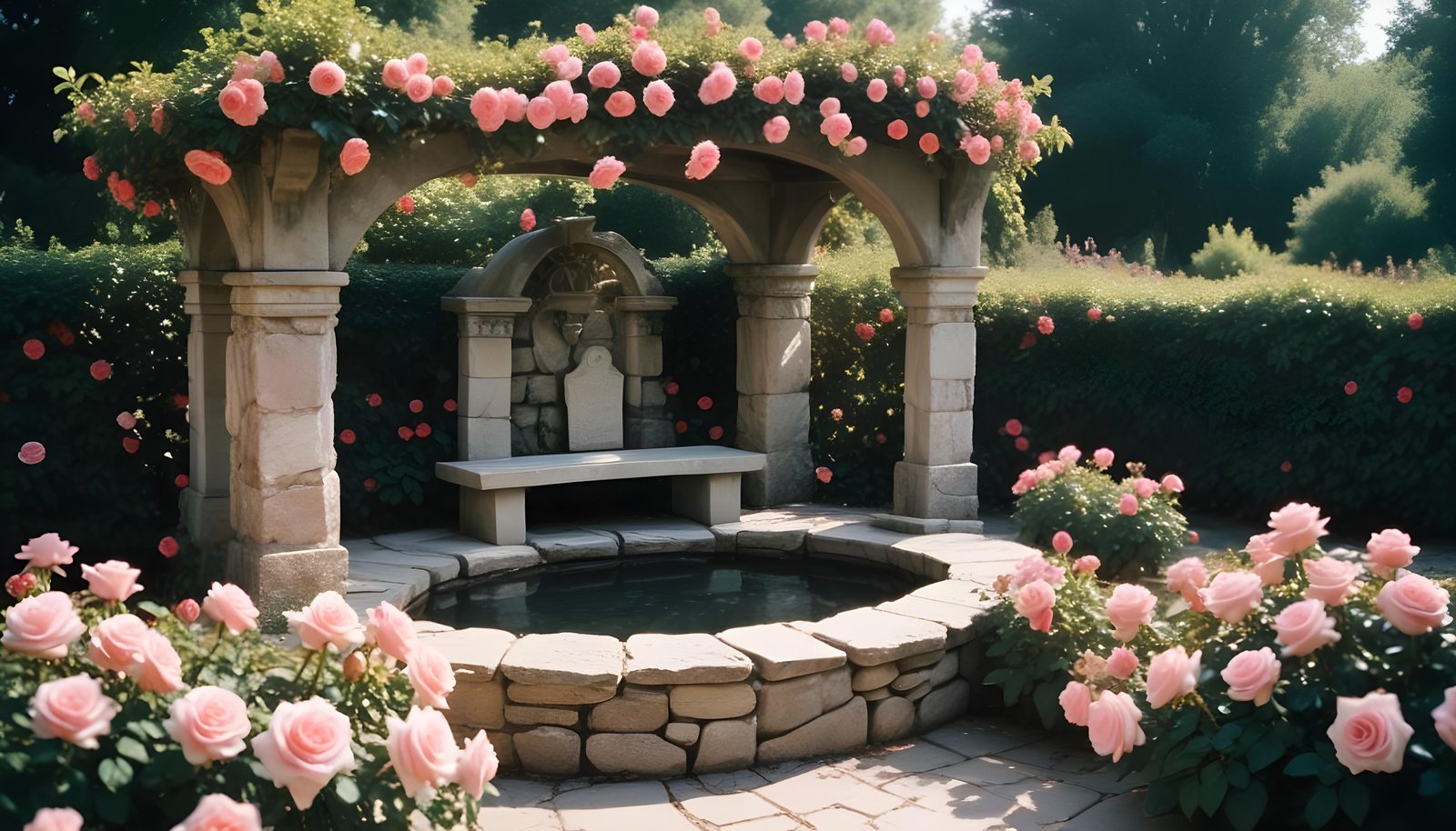 Beautiful Cottage Rose Garden with Blooming Flowers and Decorative Water Well