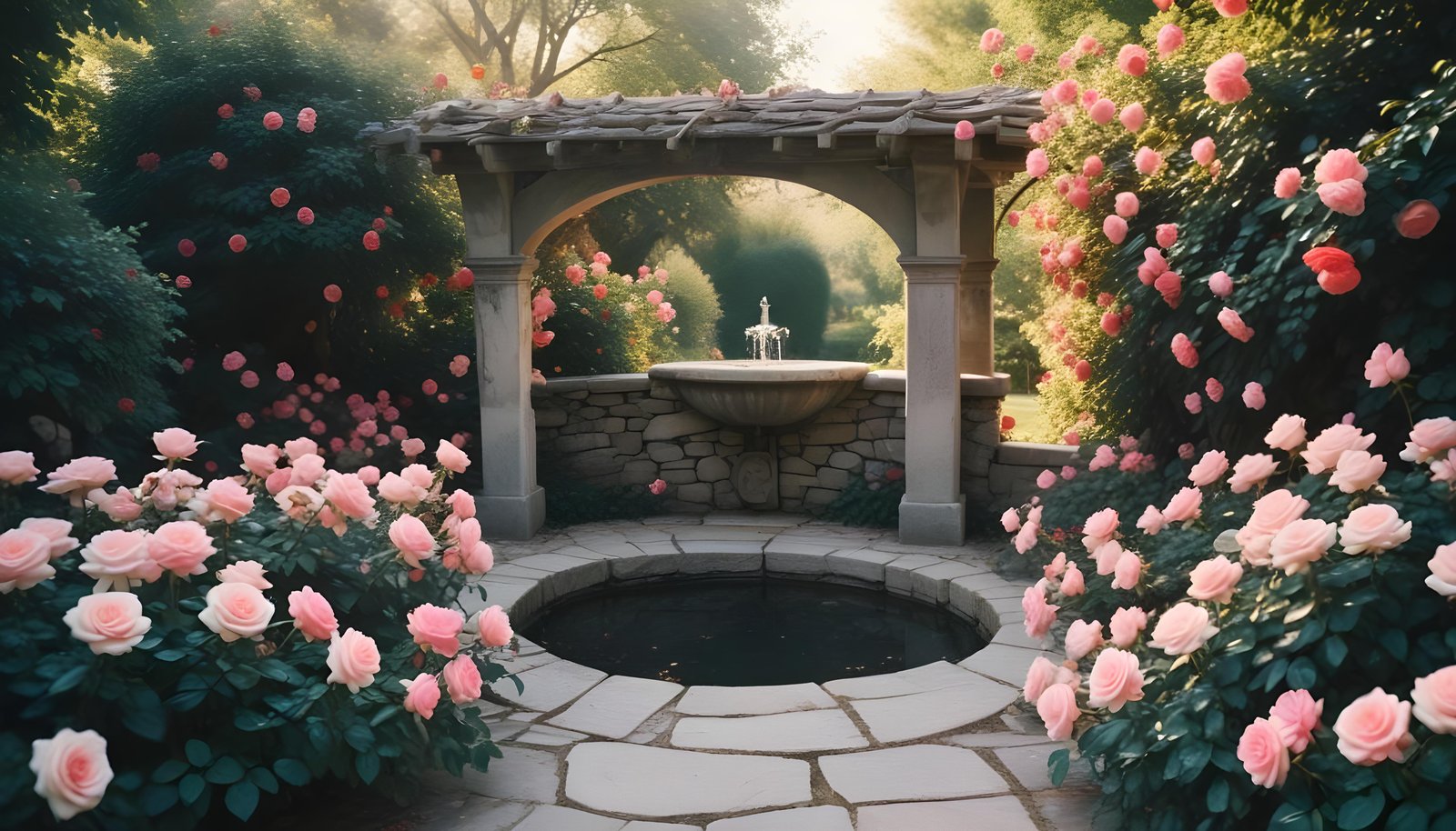 Beautiful Cottage Rose Garden with Blooming Flowers and Decorative Water Well