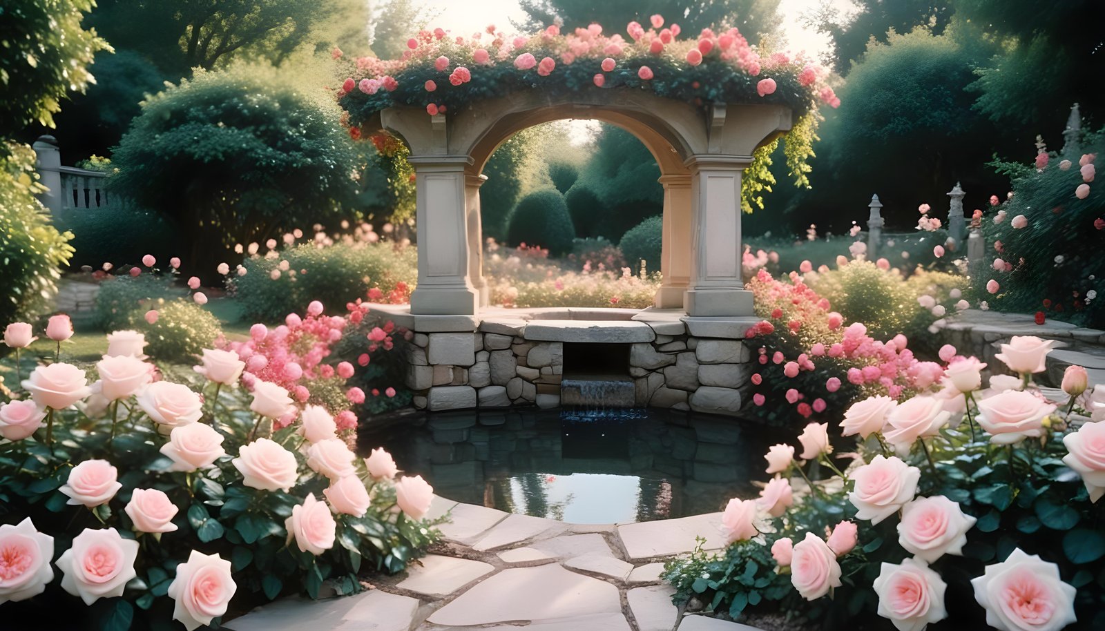 Beautiful Cottage Rose Garden with Blooming Flowers and Decorative Water Well