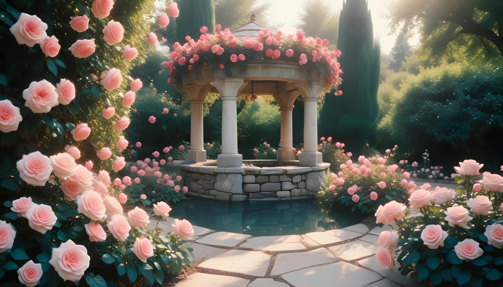 Beautiful Cottage Rose Garden with Blooming Flowers and Decorative Water Well