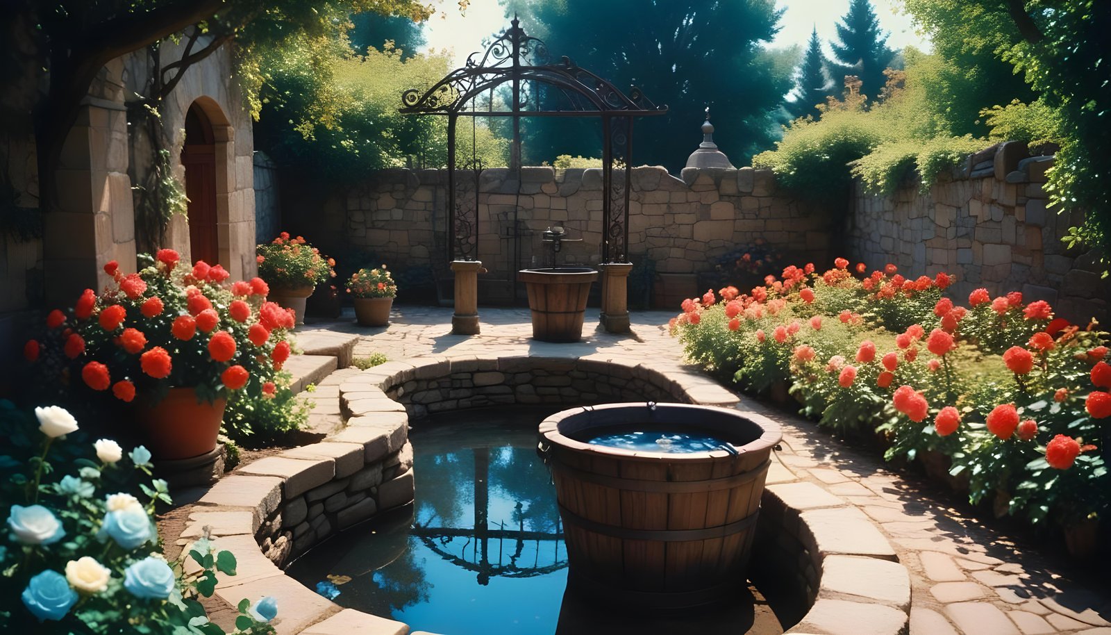 Beautiful Cottage Rose Garden with Blooming Flowers and Decorative Water Well