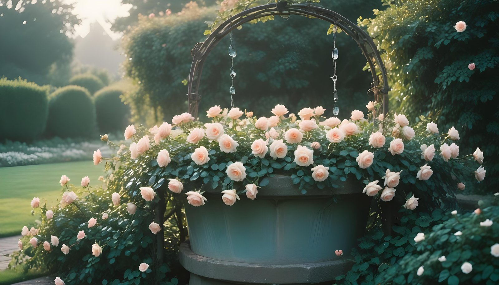 Beautiful Cottage Rose Garden with Blooming Flowers and Decorative Water Well