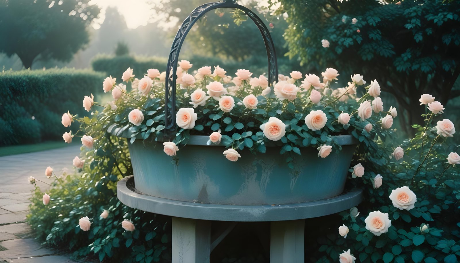 Beautiful Cottage Rose Garden with Blooming Flowers and Decorative Water Well