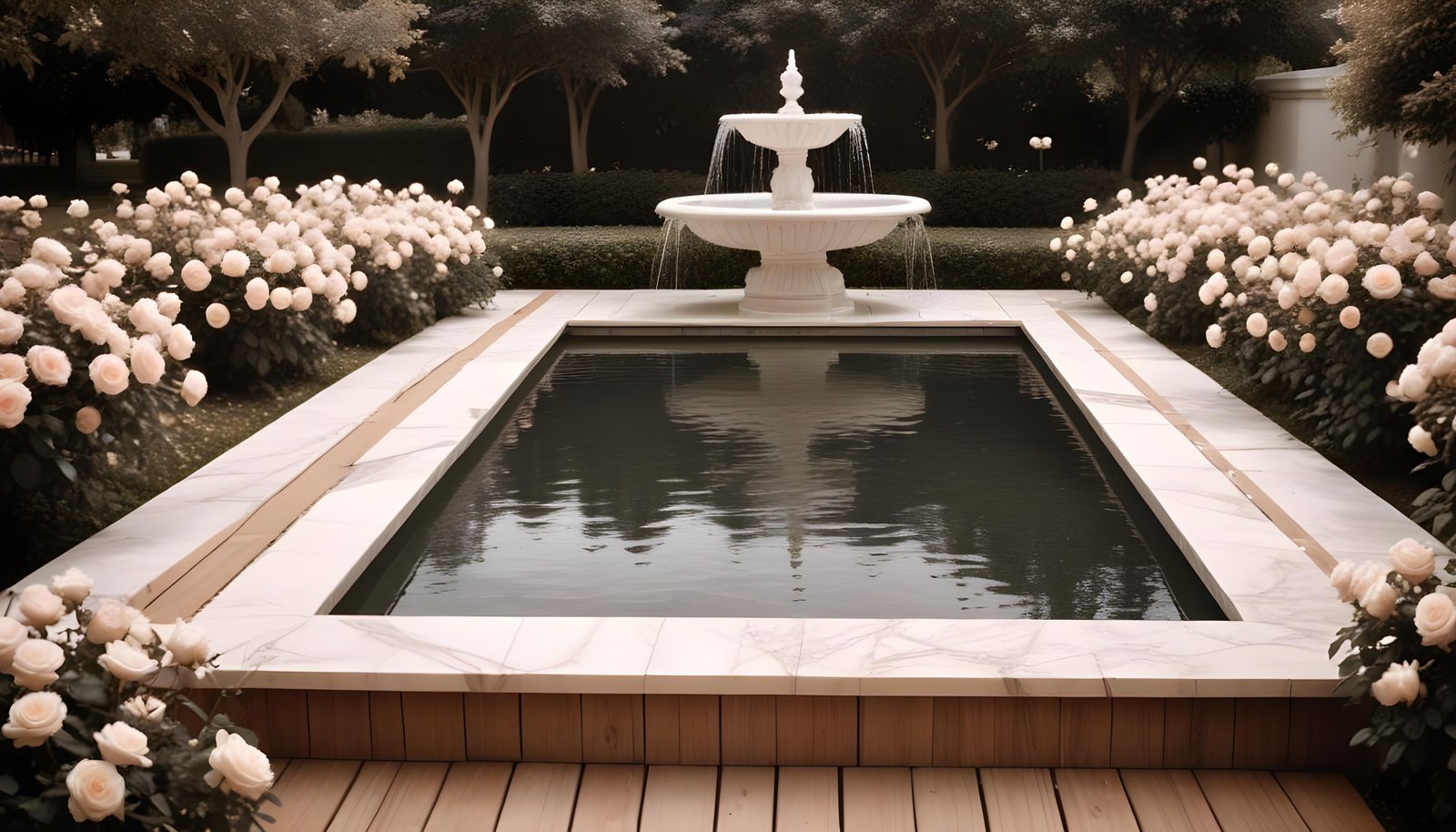 Beautiful Cottage Rose Garden with Blooming Flowers and Decorative Water Well
