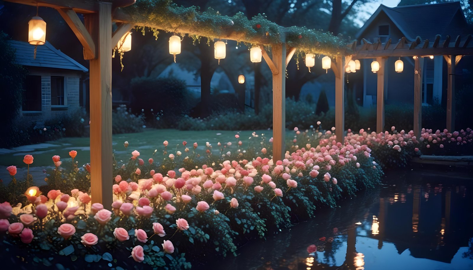 Beautiful Cottage Rose Garden with Blooming Flowers and Decorative Water Well