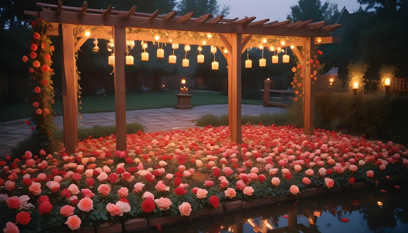 Beautiful Cottage Rose Garden with Blooming Flowers and Decorative Water Well