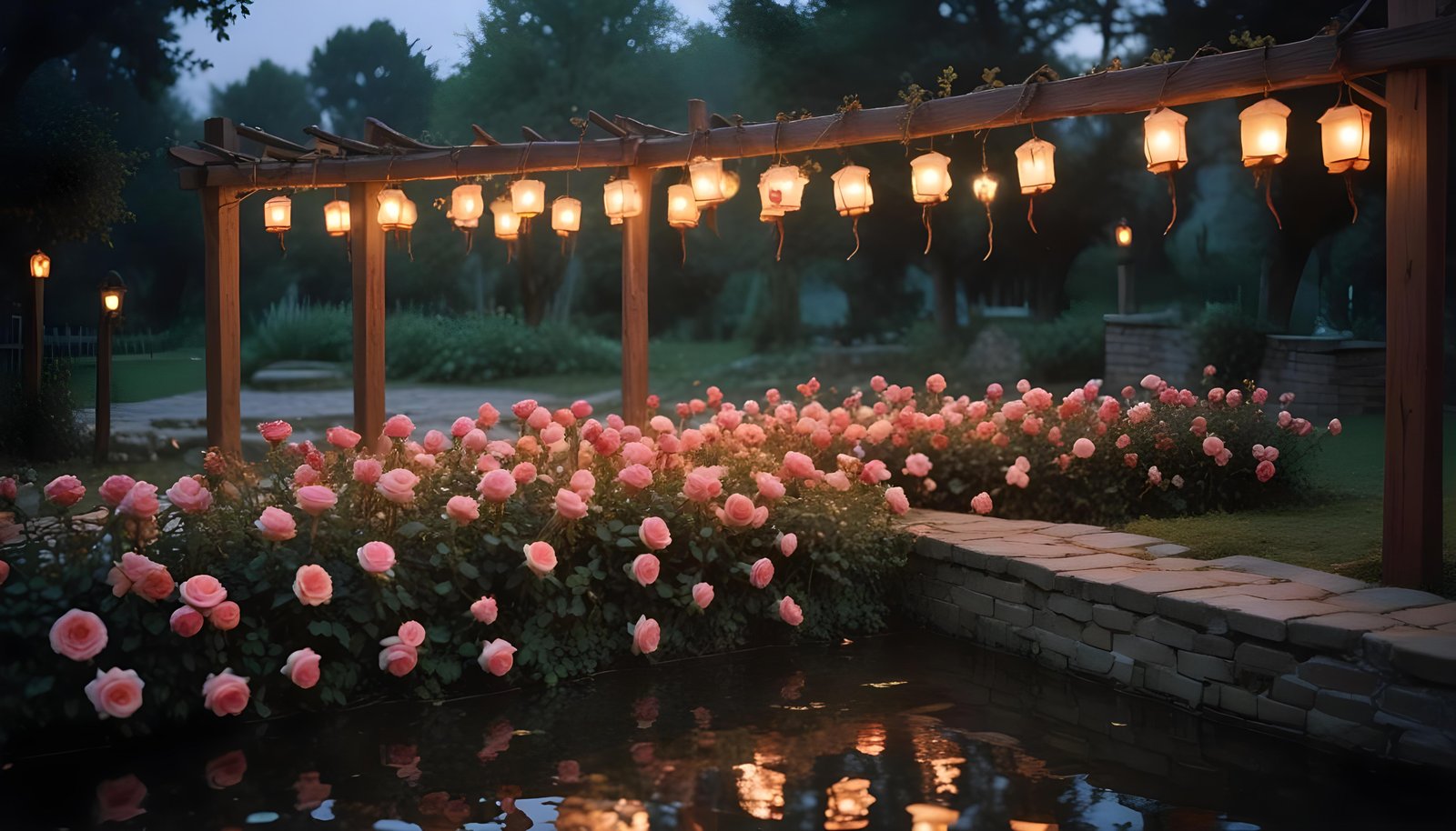 Beautiful Cottage Rose Garden with Blooming Flowers and Decorative Water Well