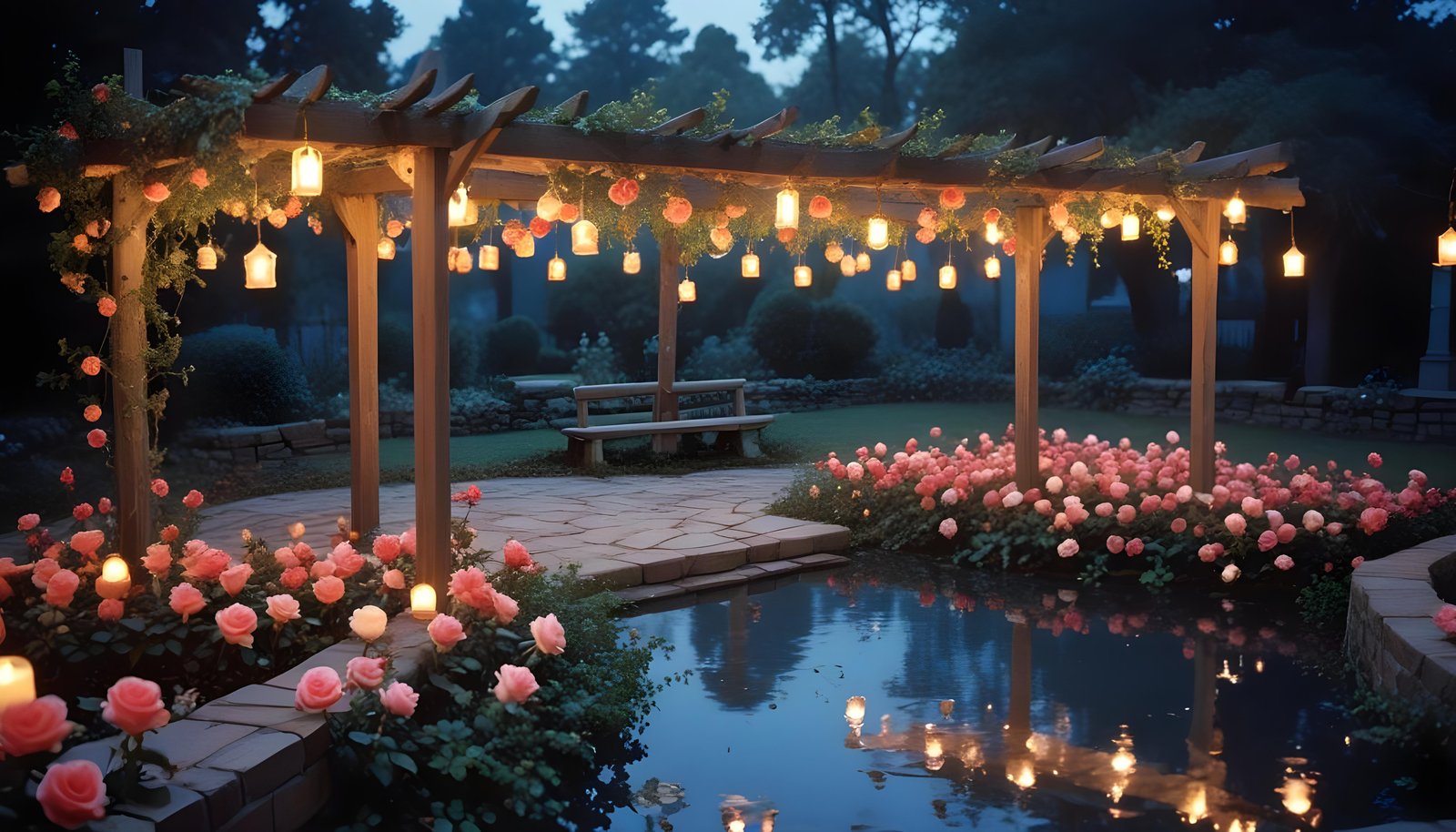 Beautiful Cottage Rose Garden with Blooming Flowers and Decorative Water Well
