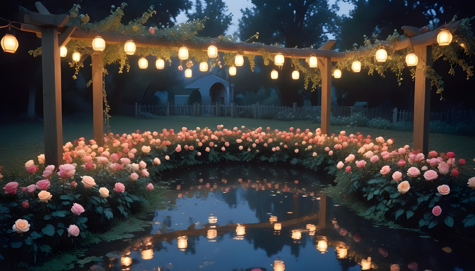 Beautiful Cottage Rose Garden with Blooming Flowers and Decorative Water Well