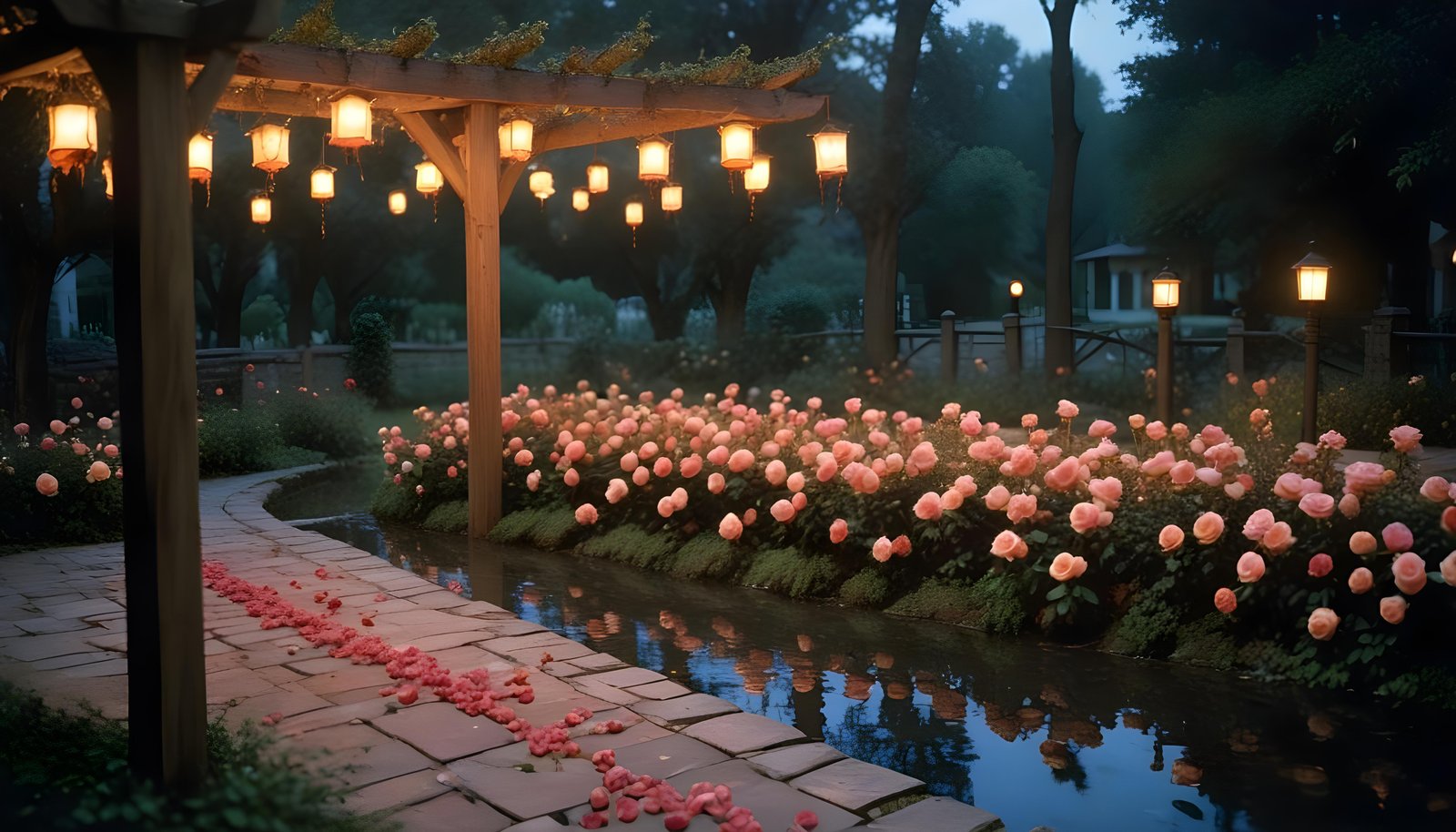 Beautiful Cottage Rose Garden with Blooming Flowers and Decorative Water Well
