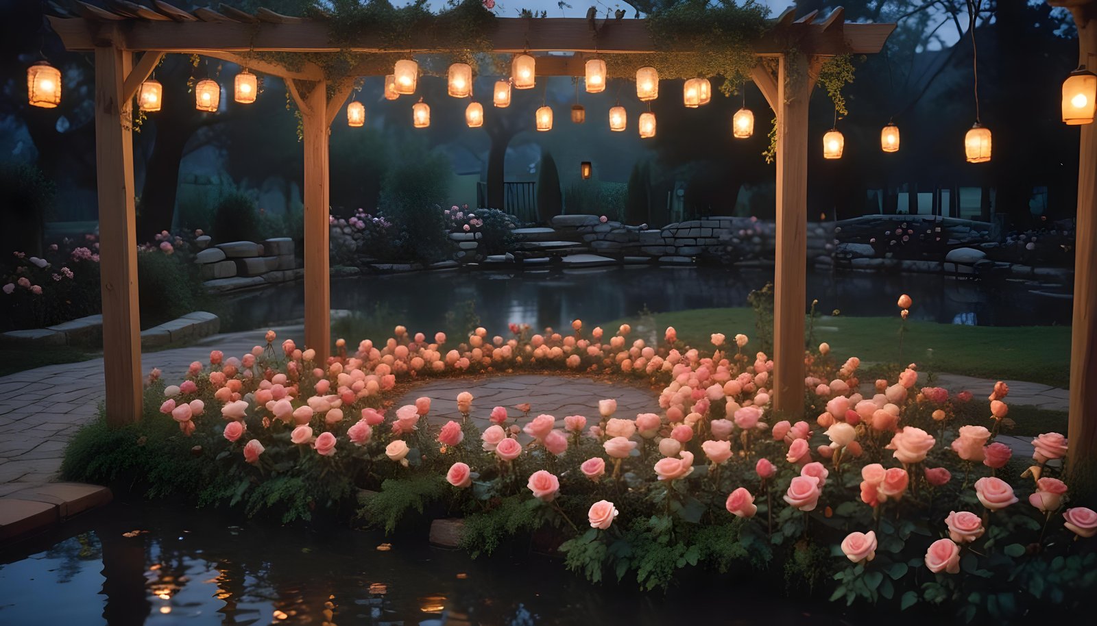 Beautiful Cottage Rose Garden with Blooming Flowers and Decorative Water Well