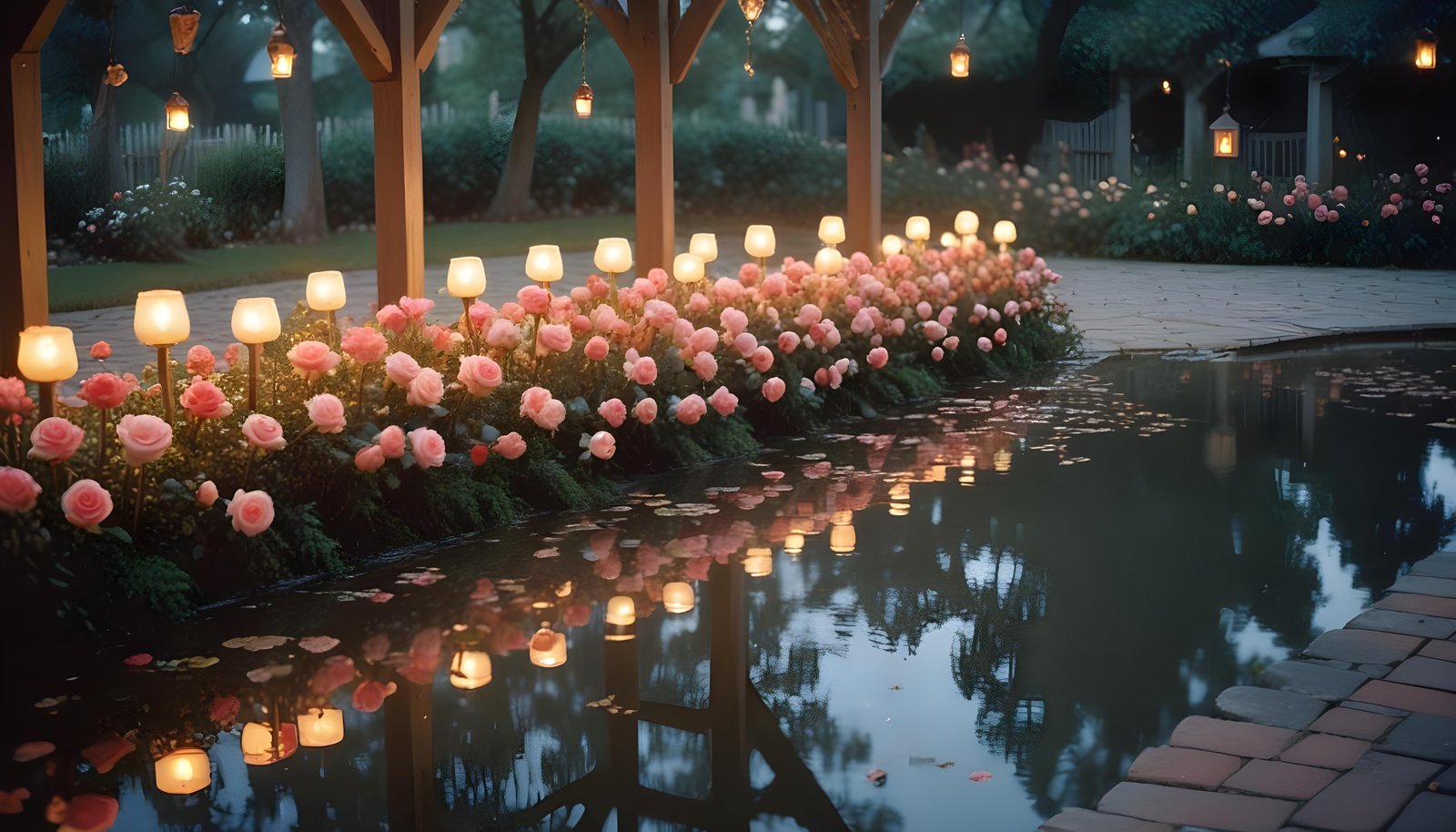 Beautiful Cottage Rose Garden with Blooming Flowers and Decorative Water Well