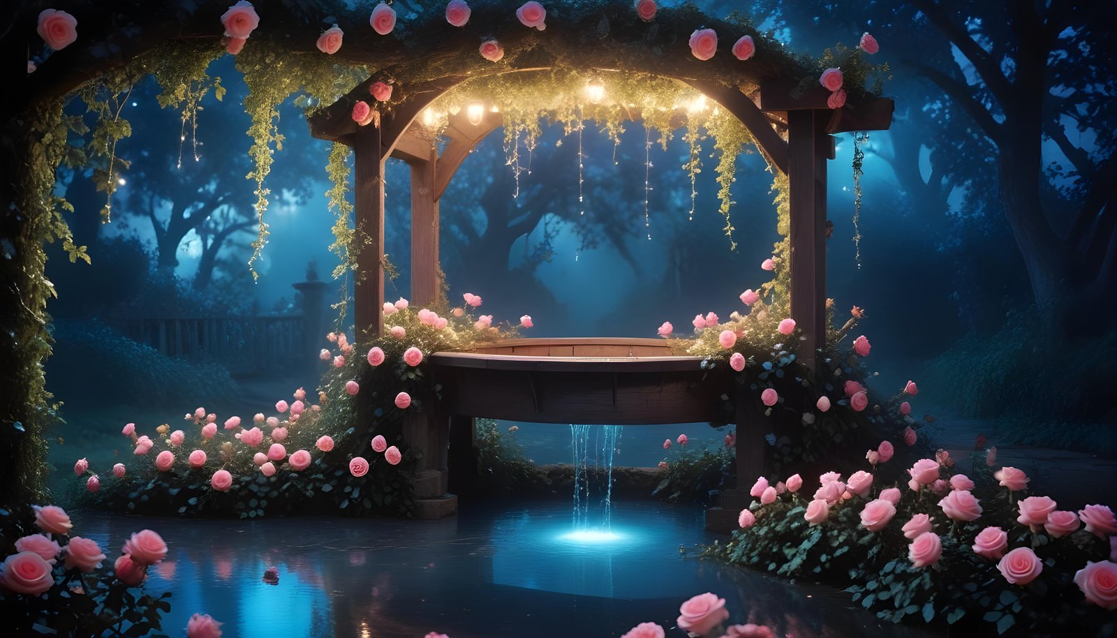 Beautiful Cottage Rose Garden with Blooming Flowers and Decorative Water Well