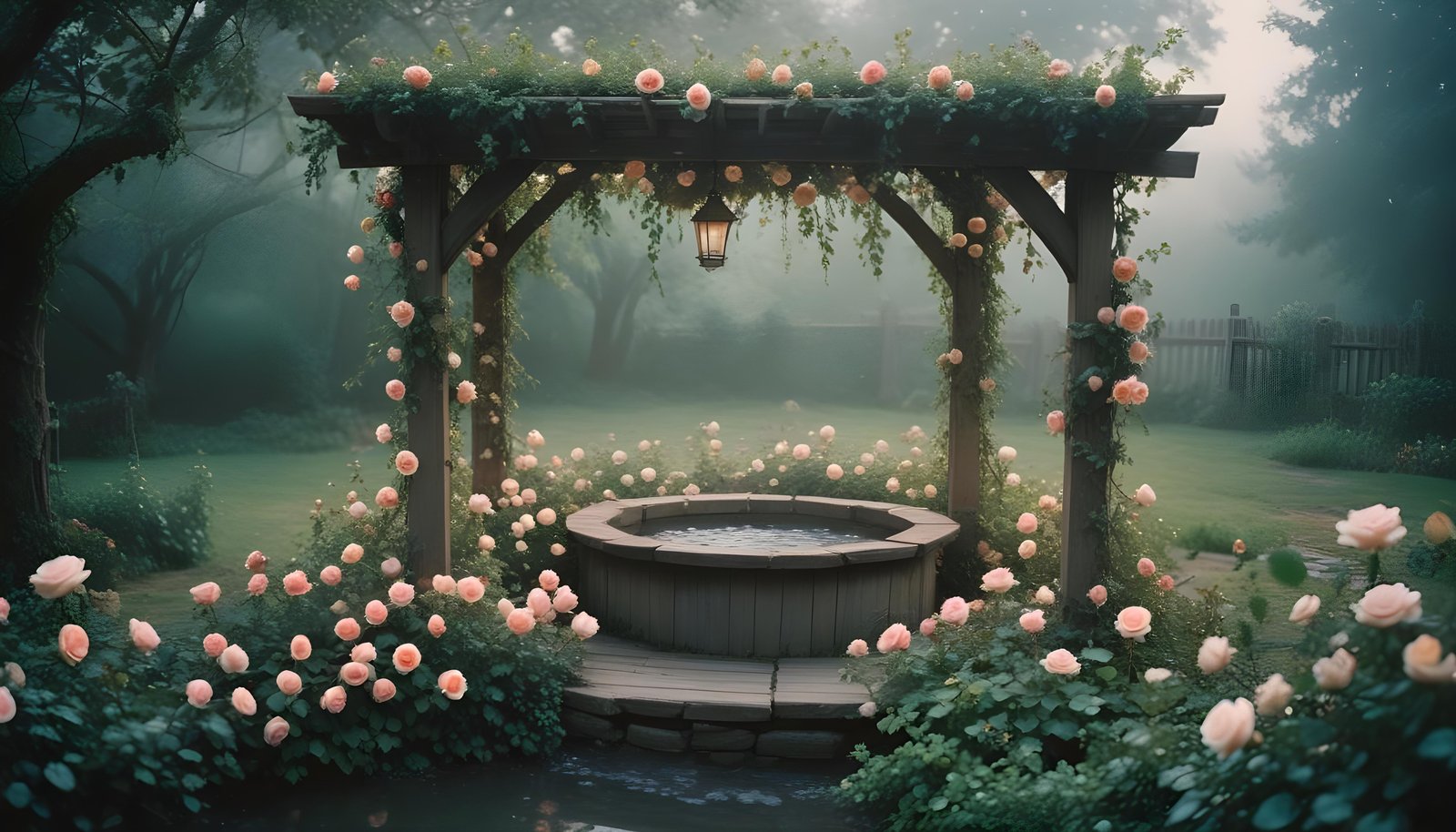 Beautiful Cottage Rose Garden with Blooming Flowers and Decorative Water Well
