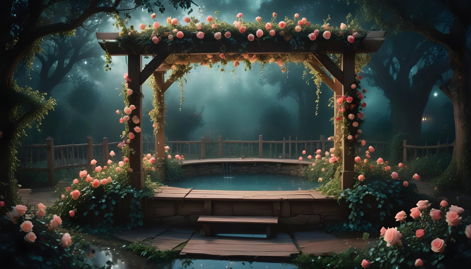 Beautiful Cottage Rose Garden with Blooming Flowers and Decorative Water Well