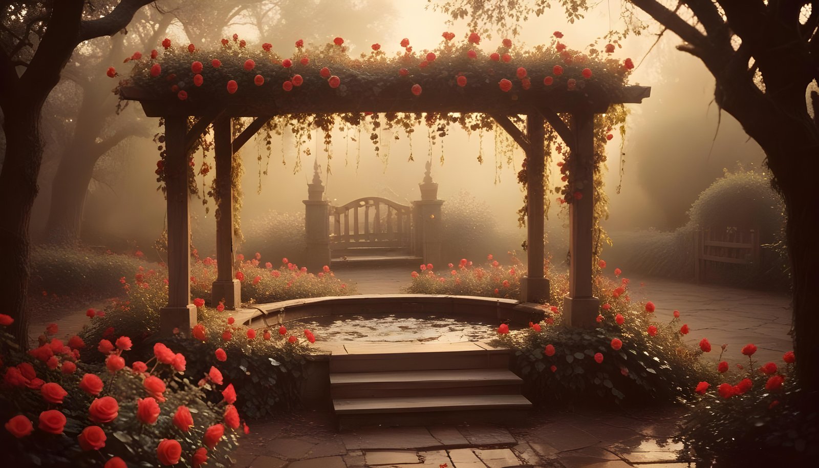 Beautiful Cottage Rose Garden with Blooming Flowers and Decorative Water Well