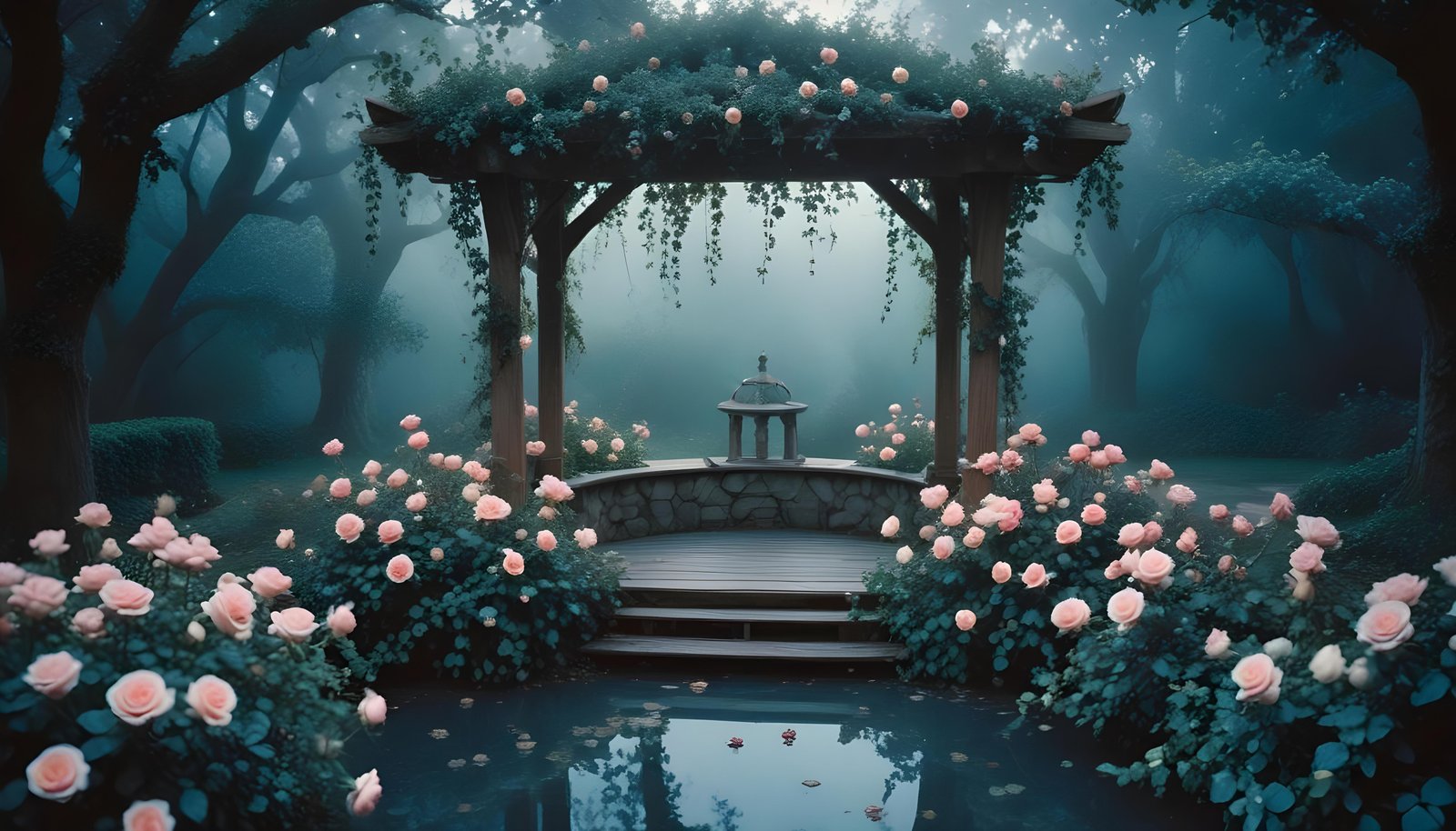 Beautiful Cottage Rose Garden with Blooming Flowers and Decorative Water Well