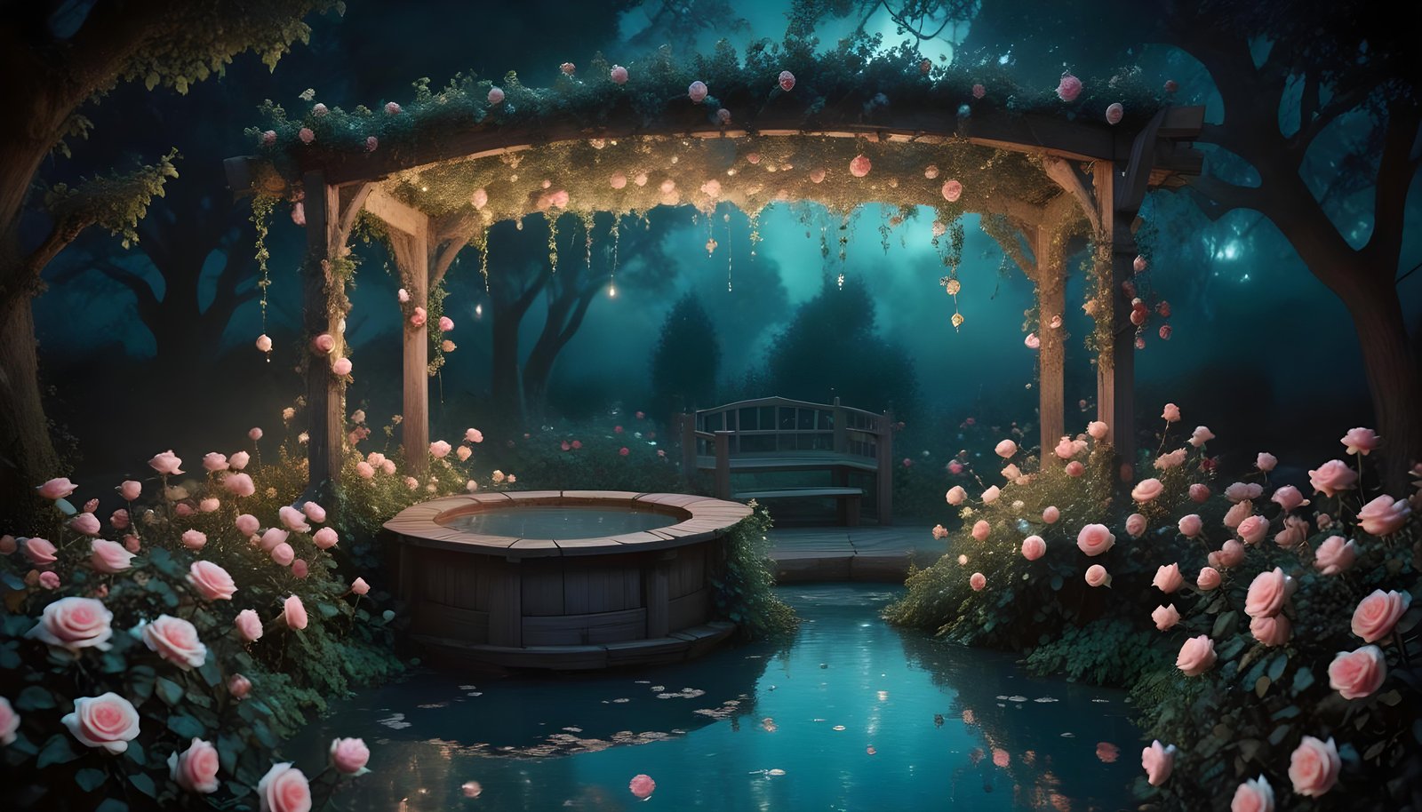 Beautiful Cottage Rose Garden with Blooming Flowers and Decorative Water Well
