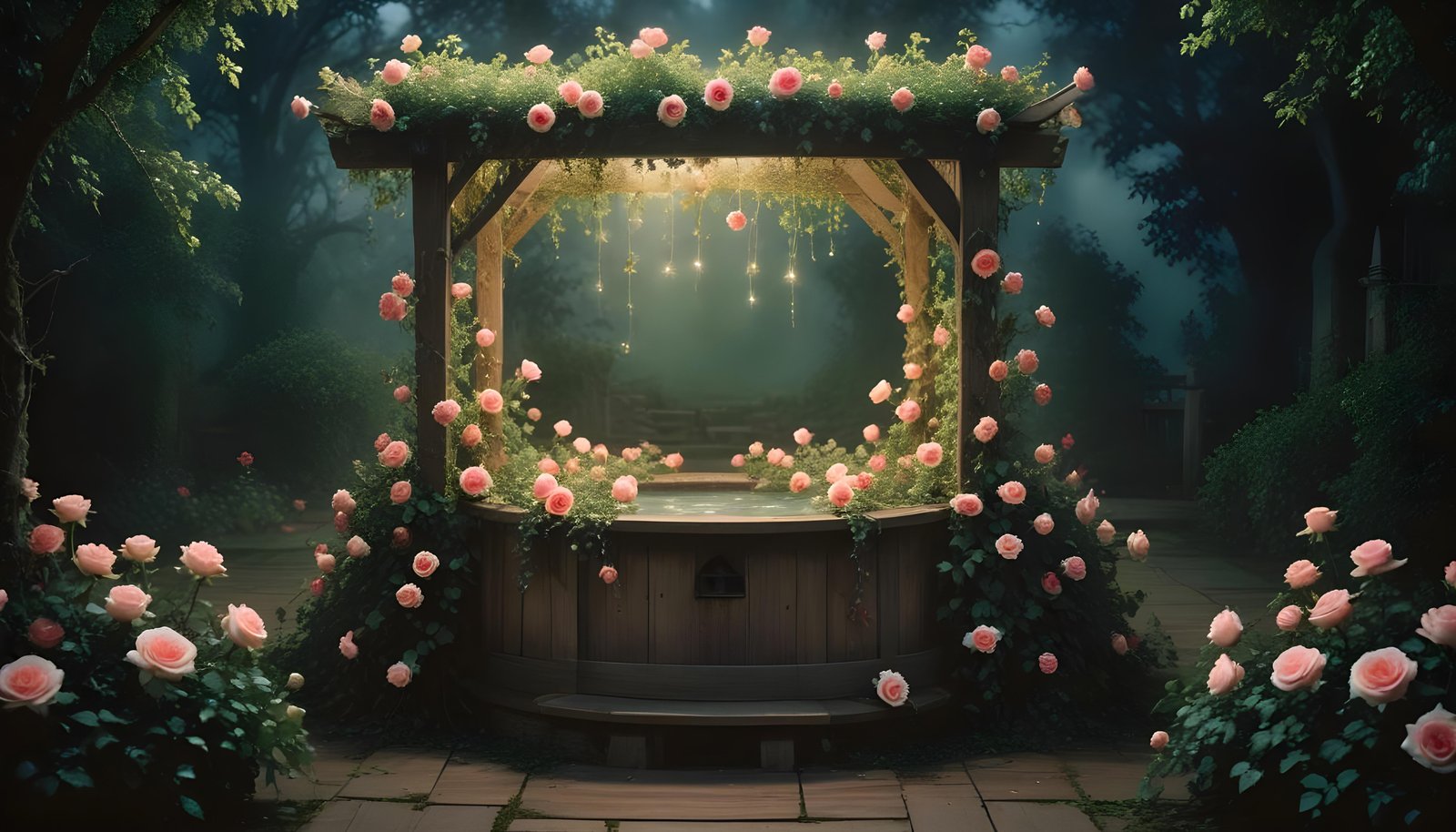 Beautiful Cottage Rose Garden with Blooming Flowers and Decorative Water Well