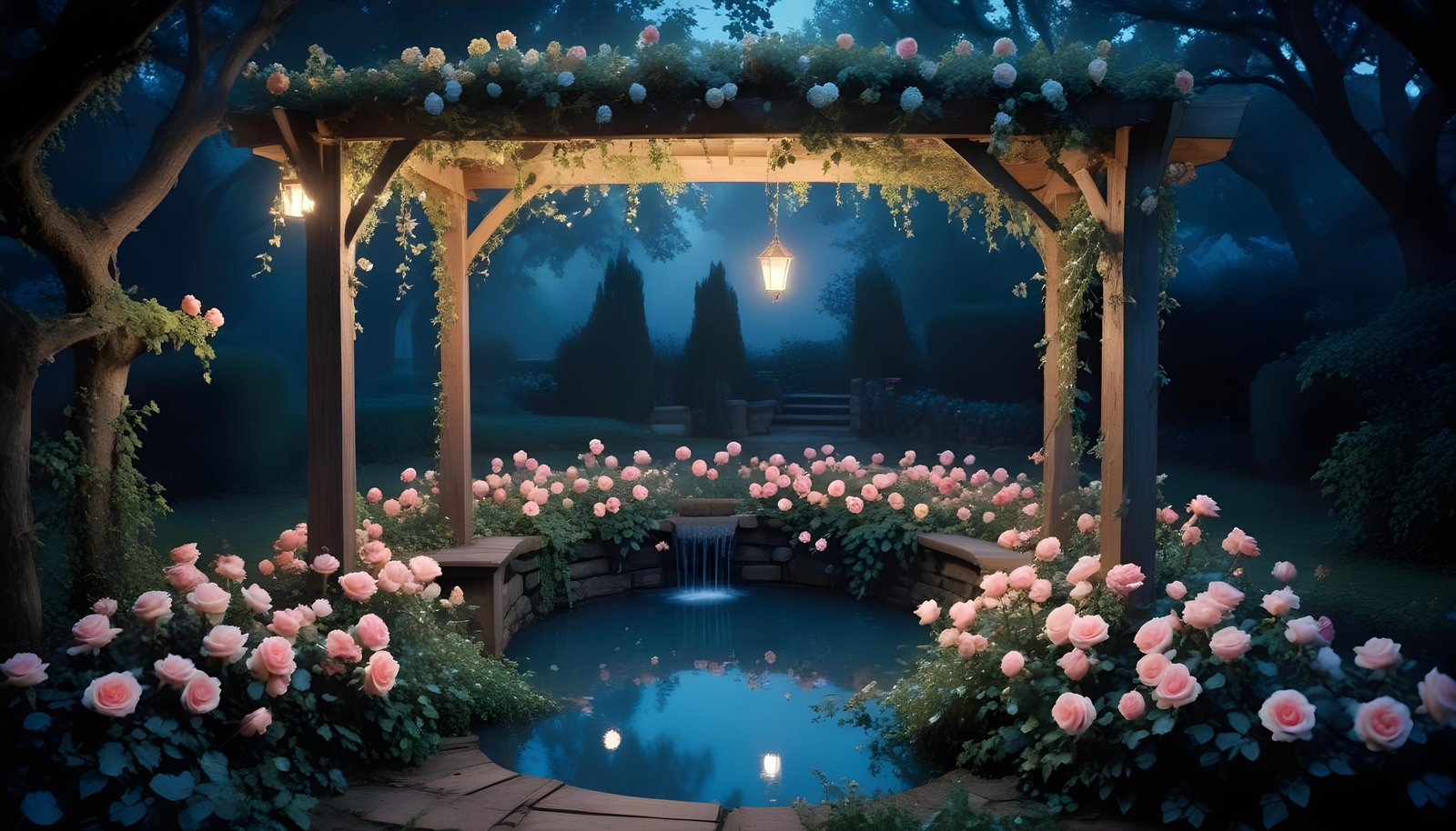 Beautiful Cottage Rose Garden with Blooming Flowers and Decorative Water Well