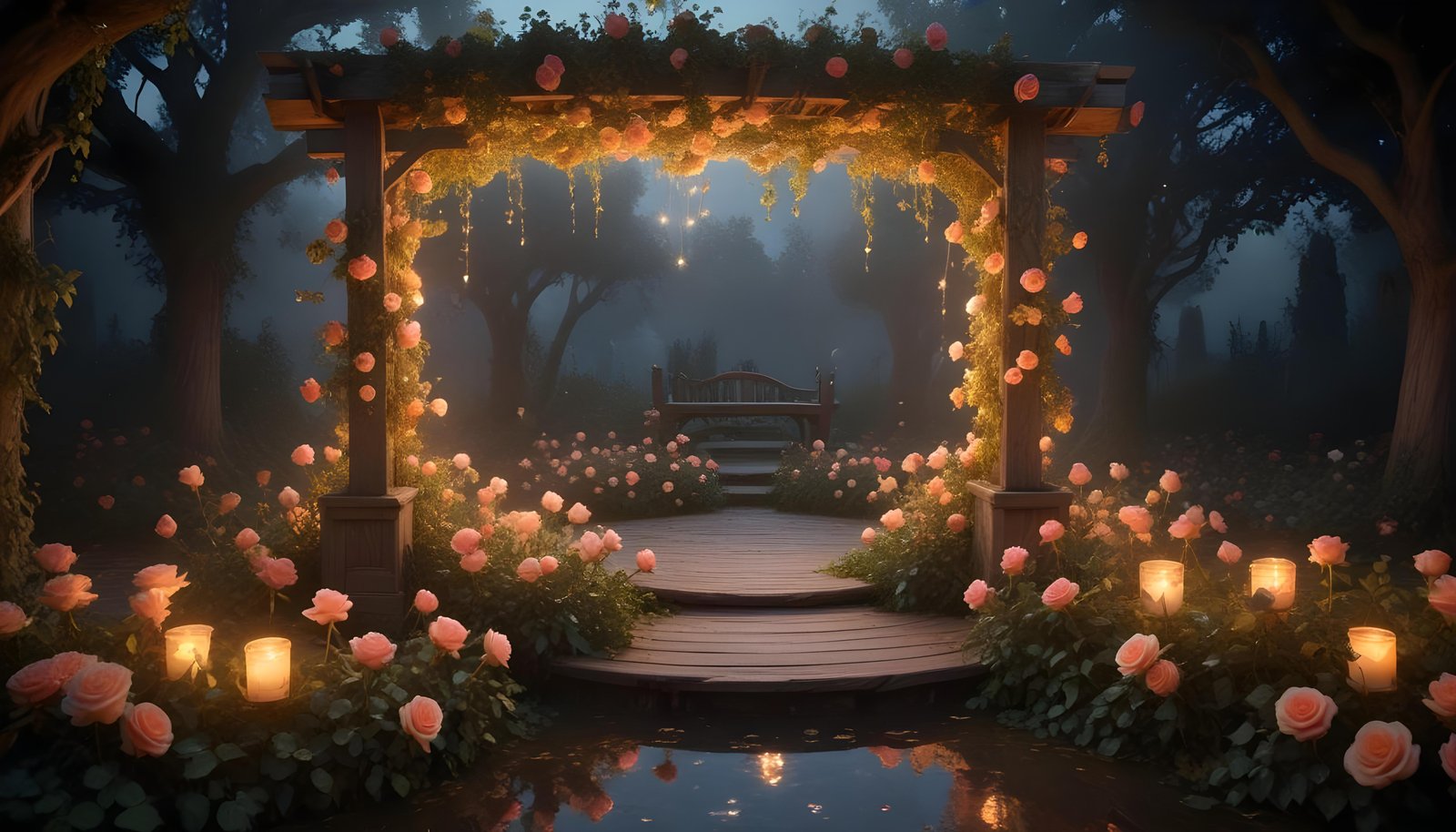 Beautiful Cottage Rose Garden with Blooming Flowers and Decorative Water Well