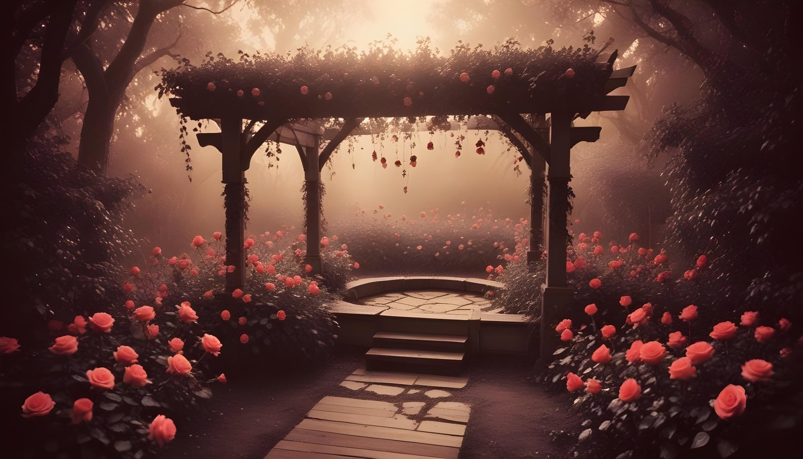 Beautiful Cottage Rose Garden with Blooming Flowers and Decorative Water Well