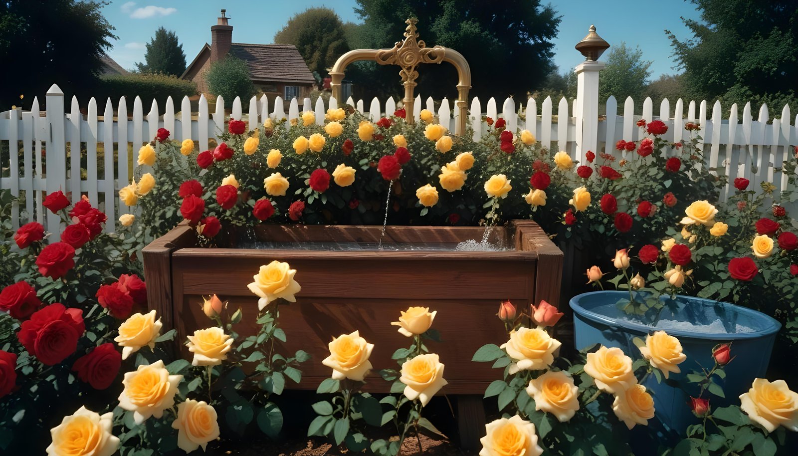 Beautiful Cottage Rose Garden with Blooming Flowers and Decorative Water Well